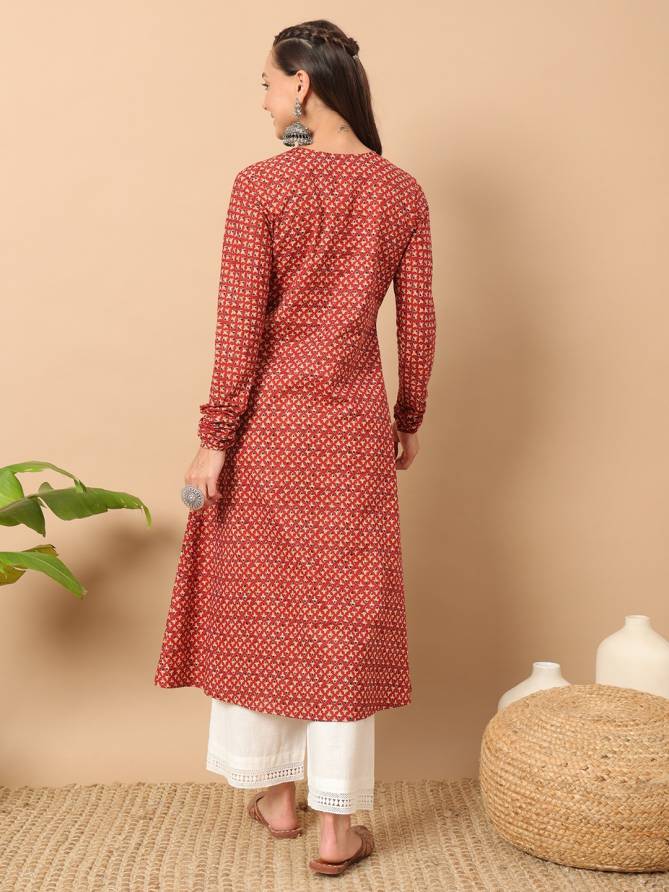 FAR0113 Red Size Set Long Sleeve Printed Cotton Kurti With Bottom Wholesale Shop In Surat
